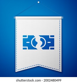 Blue Tearing apart money banknote into two peaces icon isolated on blue background. White pennant template. Vector