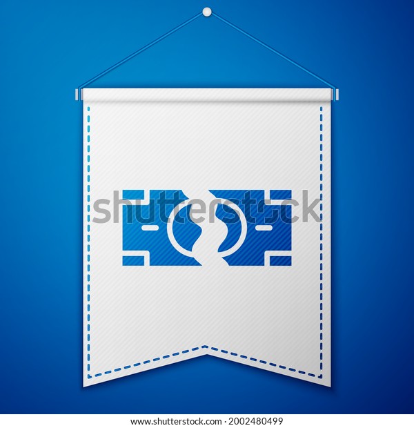 Blue Tearing\
apart money banknote into two peaces icon isolated on blue\
background. White pennant template.\
Vector