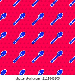 Blue Teaspoon icon isolated seamless pattern on red background. Cooking utensil. Cutlery sign.  Vector