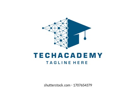 Blue Tech Academy Artificial Intelligence Technology with Graduation Hat Cap Education School Student Logo Design Inspiration