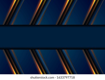 Blaue Tech-Pfeile abstraktes Grafikdesign mit orangefarbenen Lichtern. Geometrischer, moderner futuristischer Hintergrund. Vektorgrafik