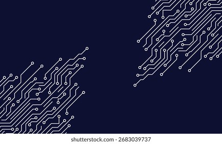 Blue tech background features circuit board design white circles and text at the top