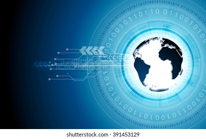 Blue tech background with globe and binary code. Vector graphic technology design