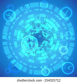 Blue tech background with time script abstract objects. vector illustration.