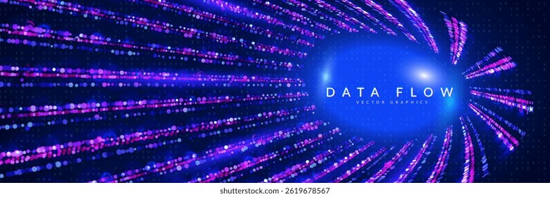 Blue Tech Dots Abstract Background. Bg For Ai And Big Data Concept With Lines, Numbers And Light. The Dynamic Pattern Represents The Flow Of Information In A Modern Network. Vector Blue Tech Dots