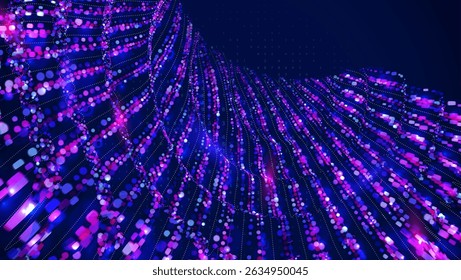 Blue Tech Dots Abstract Background. Bg For Ai And Big Data Concept With Lines, Numbers And Light. Geometric Particles Move Through The Digital Space, Forming Innovative Shapes. Vector Blue Tech Dots