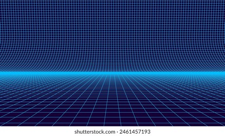 Blue Tech Grid of Curved 3D Stage. Perspective Grid Floor. VR Virtual Reality Metaverse Environment. Wide Blueprint Background Texture. Vector Illustration.