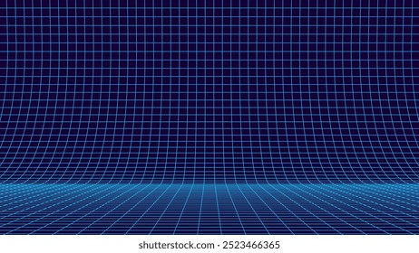 Blue Tech Grid do estágio 3D curvo. Base da Grade de Perspectiva. Ambiente de Metaverso de Realidade Virtual VR. Textura De Plano De Fundo De Impressão Digital Larga. Ilustração de vetor.