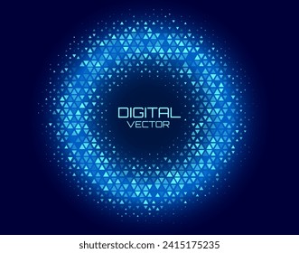 Blue Tech Halftone Circle Frame of Triangular Grid. Round Border Random Halftone Triangles Raster Texture. Half Tone Circular Pattern. Vector Illustration.