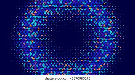 Blue Tech Halftone Circle Frame of Triangular Grid. Round Border Random Halftone Triangles Raster Texture. Half Tone Circular Pattern. Vector Illustration.