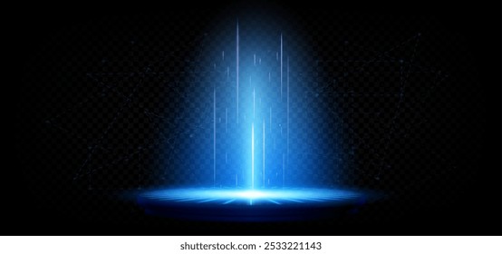 Blue tech magic game portal with light effect. Realistic 3d vector illustration of podium with hologram neon glowing beams. Futuristic fantasy scifi teleport technology platform with laser rays.