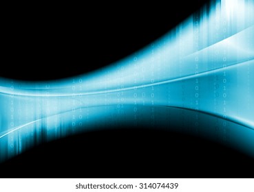 Blue tech wavy background with binary system code. Vector dark design