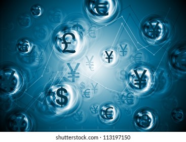 Blue technical background with world currencies. Vector illustration eps 10