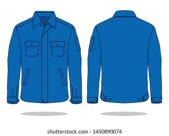 Blue Technician Jacket With Multi Pockets And Pen Holder, Hidden Placket Zip Template On White Background.Front And Back View.