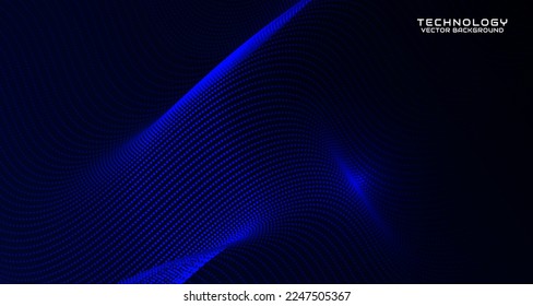 Fondo abstracto de color azul tecno sobre el espacio oscuro con efecto de estilo de partícula ondulante. Elemento de diseño gráfico con concepto de flujo de puntos móviles 3d para banner, volante, tarjeta, portada de folleto o página de aterrizaje