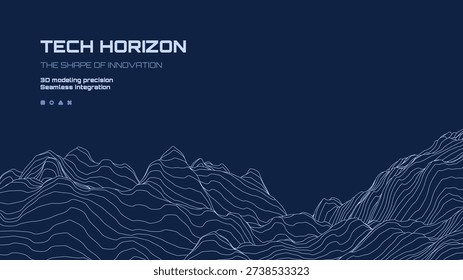 Blue techno background with wireframe mountain terrain graphic texture. Digital landscape for artificial intelligence technology presentation.