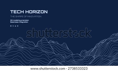 Blue techno background with wireframe mountain terrain graphic texture. Digital landscape for artificial intelligence technology presentation.