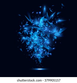 Blue techno style vector explosion. Abstract polygonal explosion banner.