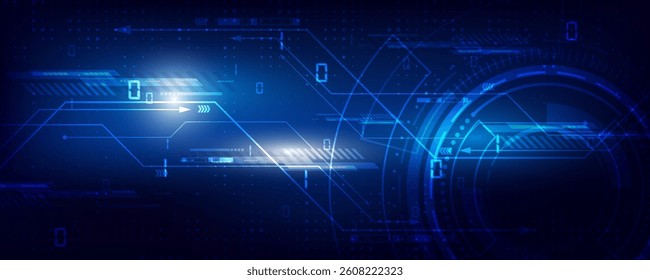 Blue technological background with digital and futuristic elements, glowing light effects, advanced cyber tech or global network connection in the style of web design vector illustration.