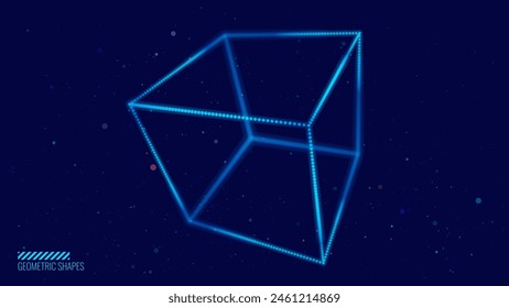 Blue Technology 3D Cube Object. Geometric Glowing Data Block. Quantum Computer Concept with Depth of Field Effect. Futuristic HUD Design Element. Vector Background.
