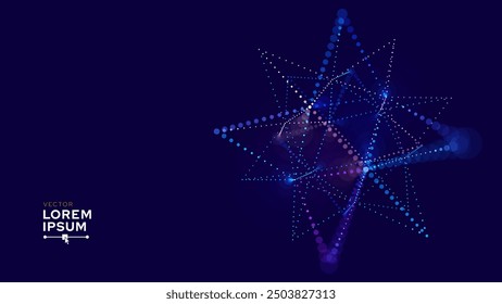Blue Technology 3D Star Object. Geometric Glowing Data Block. Quantum Computer Concept with Depth of Field Effect. Futuristic HUD Design Element. Vector Background.