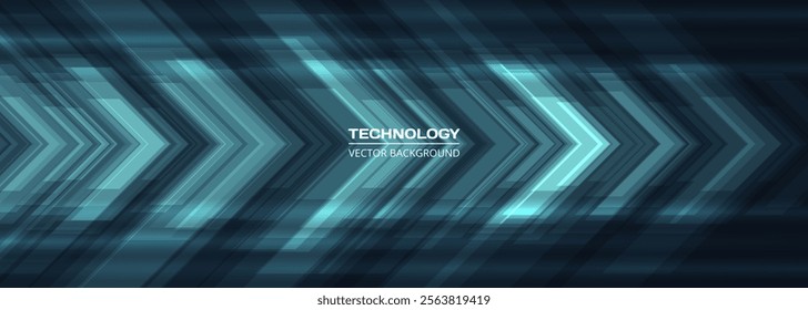 Blue technology arrows on dark futuristic abstract background. High-speed movement concept dynamic motion blue hi tech digital arrows. Technology vector illustration for banner or poster design.