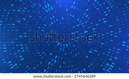 Blue Technology Arrows Pattern Converging Toward Center. Abstract Digital Data Flow and Network Connection Concept with Radial Directional Motion Futuristic Vector Background.