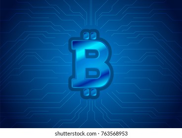 Fondo de tecnología azul con emblema de bitcoin y líneas de tablero de circuitos. Símbolo de divisa criptográfica virtual de Internet