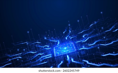 blue technology background technology chip processor. Abstract background circuit board and html code, 3D illustration vector.