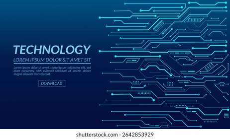 Blue technology background with circuit diagram and text area, glowing blue circuit lines on a dark blue canvas, technology illustration