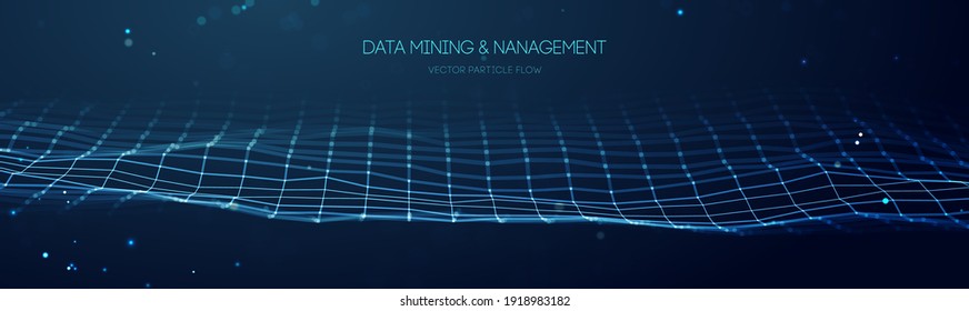 Blue technology background. Data mining and management. Flow banner data transfer science illustration. Finance concept business software . Digital information network connection. EPS 10.