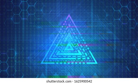 Blue technology background with digital triangle and glitch effect