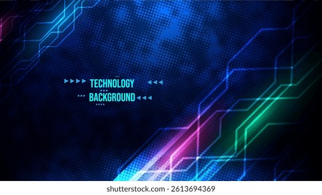 Blue technology background with glowing light effect and circuit board lines. High-tech digital banner design for online or tech-themed promotion, web presentation, flyer print. Vector illustration.