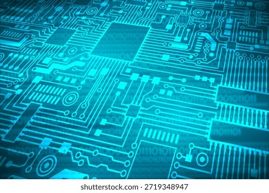 Fondo de tecnología azul con placa de circuito impreso y códigos binarios