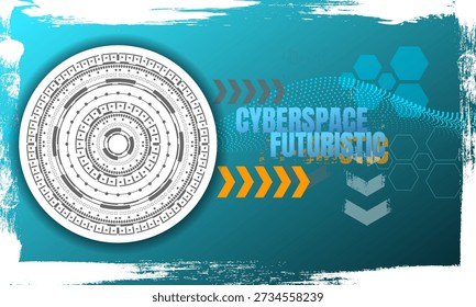 blue technology background white circle circuit cyberspace futuristic and typographic with white frame grunge brush painting style