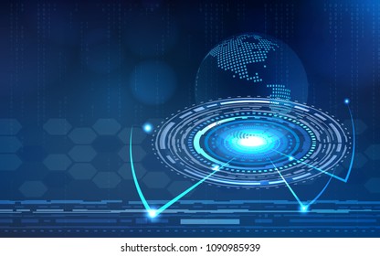 Blue technology circle and computer abstract background with blue and binary code matrix. Business and Connection. Futuristic and Industry 4.0 blockchain. Internet cyber and network. HUD interface