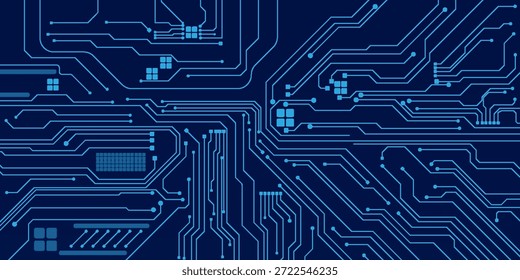 Fondo de placa de circuito de tecnología azul con conexiones digitales y líneas electrónicas futuristas. Placa base de computadora con chips, procesadores y semiconductores.