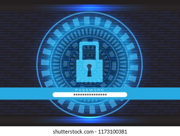 Blue technology data computer lock screen security with enter password on black design modern futuristic vector illustration.