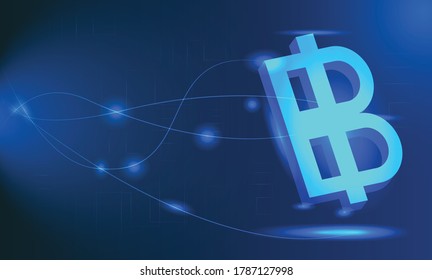 Blue technology finace with Thai bath sign 3D concept with back light. Transaction of money with world wide with e-commerce prcess. Digital exchange of investment through network.