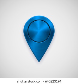 Blue technology map pointer badge, GPS button template with metal texture, chrome, steel, silver, realistic shadow and light background for interfaces, UI, applications, apps, web. Vector illustration