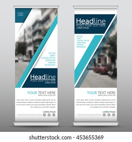 Blue technology roll up business banner design vertical template vector, cover presentation abstract geometric background, modern publication display and flag-banner, layout in rectangle size.