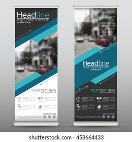 Blue technology roll up business banner design vertical template vector, cover presentation abstract geometric background, modern publication display and flag-banner, layout in rectangle size.