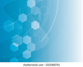 Blue technology and science background, abstract creative design with dot and line, hexagon shape on gradient background. Hi tech blue futuristic background.