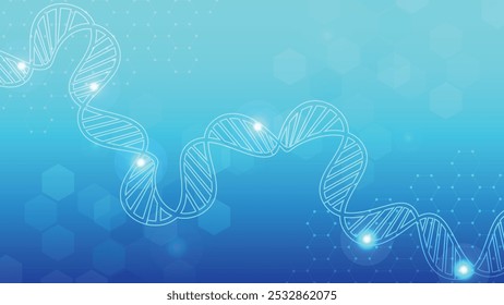 Blue technology science background with dna helix and biology illustration. DNA chromosome. Deoxyribonucleic acid strand ini blue background.  Medical and technology science concept