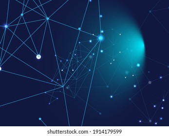 Blue Technology Space, Internet Cyberspace Data Concept. Galaxy Net Cosmic Design, Network Connection. Lines Linked Plexus Vector Background. Big Data Information, Triangular Blockchain Nodes.