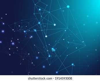 Blue Technology Space, Internet Cyberspace Data Concept. Galaxy Net Big Data Design, Communication Concept. Big Data Information, Network Polygonal Nodes. Linked Lines Plexus Vector Background.