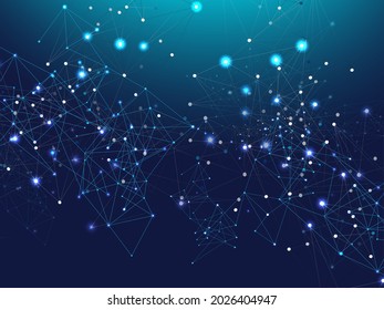 Blue Technology Space, Internet Cyberspace Data Concept. Galaxy Net Big Data Design, Universe Star Sky. Big Data Information, Network Blockchain Nodes. Nodes Plexus Linked Vector Background.