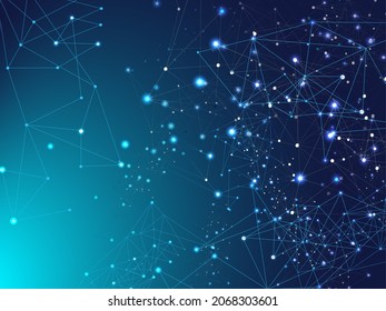Blue Technology Space, Internet Cyberspace Data Concept. Galaxy Net Futuristic Design, Network Connection. Plexus Linked Lines Vector Background. Big Data Information, Triangular Network Nodes.