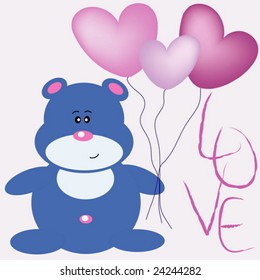 Blue teddy bear with balls and text love. Vector illustration.