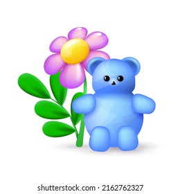 Blue Teddy bear and big flower. Sitting toy bear under a shiny flower